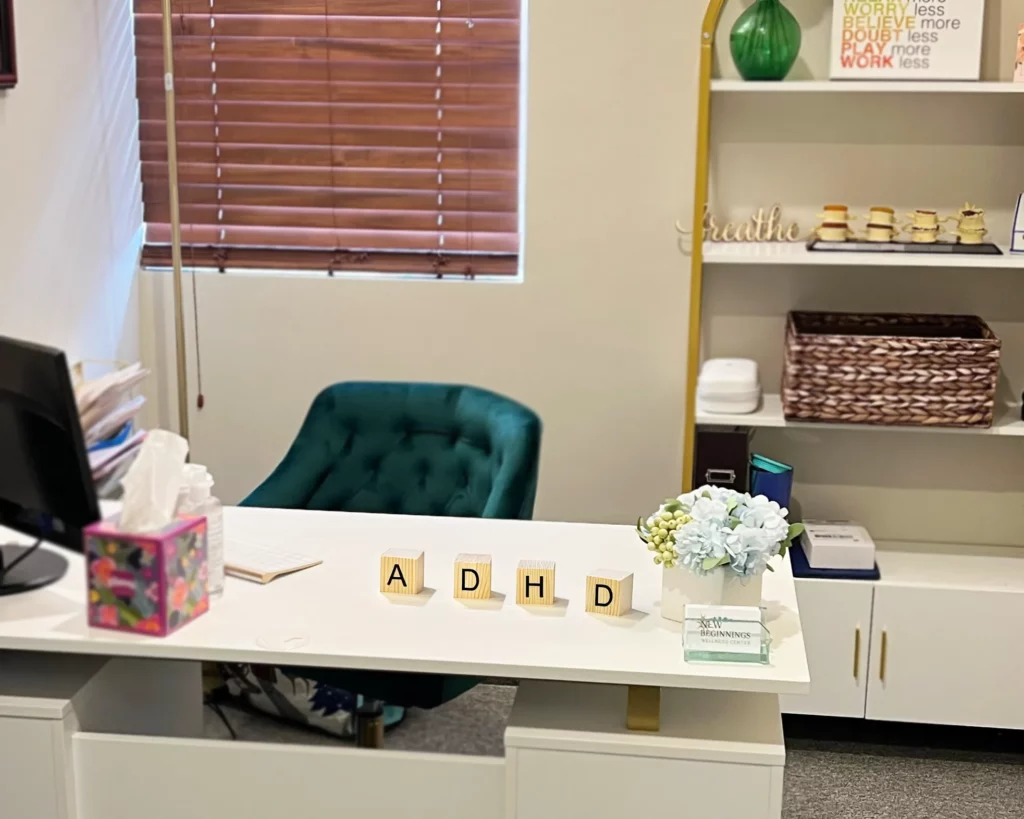 adhd-treatment-smithtown Calming ADHD treatment office at New Beginnings Wellness Center in Smithtown NY with desk display highlighting ADHD care
